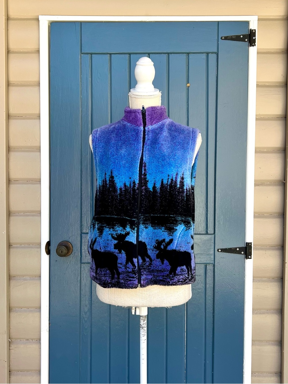 Vintage 90s Unisex Black Mountain Twilight Moose Fleece Vest Size Medium